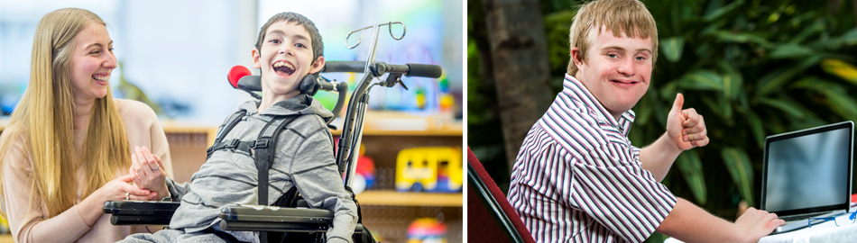 Image boy in chair and one with thumbs up